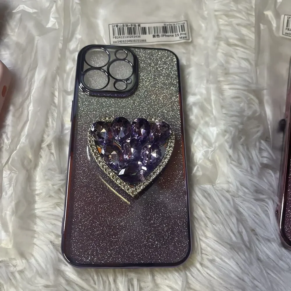 Lot Of 2 iPhone 15 Pro Max Plated Glitter Rhinestone Heart Hello Kit Phone Case